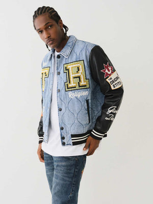 True Religion Varsity Jacket Quilted Denim Wild Bill-Jet Black-True Religion