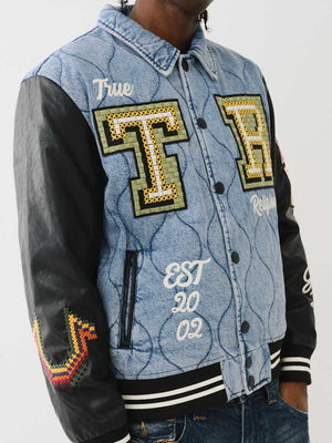 True Religion Varsity Jacket Quilted Denim Wild Bill-Jet Black-True Religion