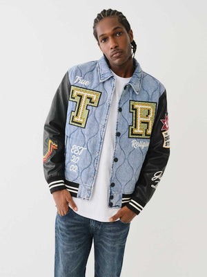 True Religion Varsity Jacket Quilted Denim Wild Bill-Jet Black-True Religion