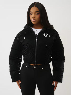 TRUE RELIGION JACKET HIGH SHINE FOIL HOODED PUFFER JET BLACK