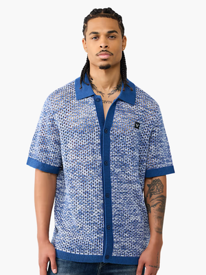 True Religion Shirt Marled Crochet Knit Blue