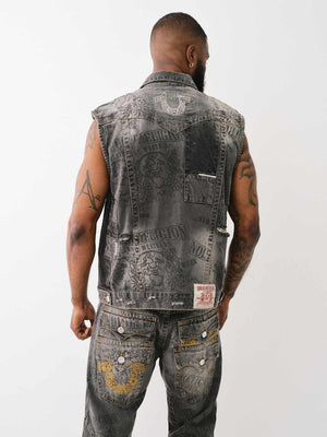 True Religion Denim Pocket Vest Stack Rips Grey Wash-True Religion