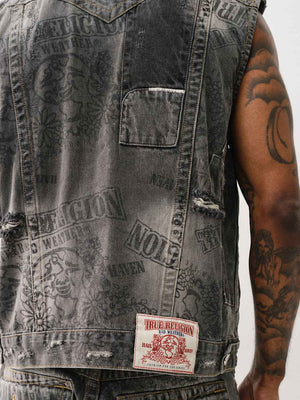 True Religion Denim Pocket Vest Stack Rips Grey Wash-True Religion