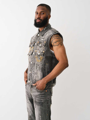 True Religion Denim Pocket Vest Stack Rips Grey Wash-True Religion