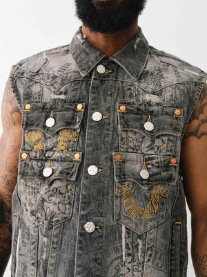 True Religion Denim Pocket Vest Stack Rips Grey Wash-True Religion