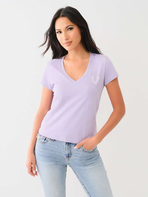 True Religion Crews Studded Horseshoe V Neck Tee Hierloom Lilac-True Religion