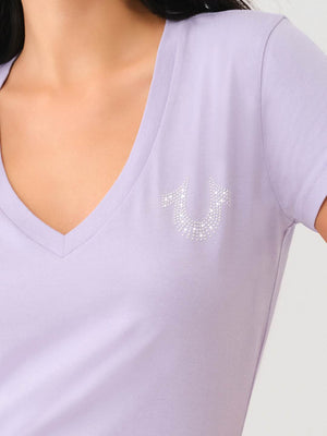 True Religion Crews Studded Horseshoe V Neck Tee Hierloom Lilac-True Religion