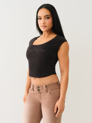 True Religion Lace Cap Scoop Neck Tee Jet Black-True Religion