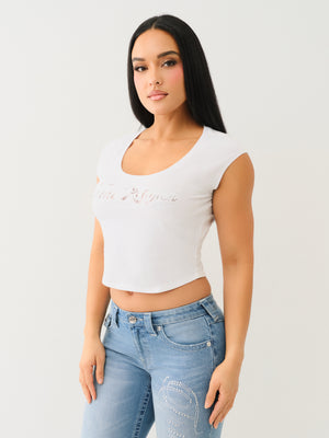 True Religion Lace Cap Scoop Neck Tee Optic White-True Religion