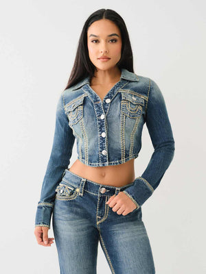 True Religion Jeans Ladies Super QT Lurex Denim Jacket Dark Wash-True Religion