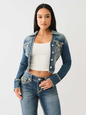 True Religion Jeans Ladies Super QT Lurex Denim Jacket Dark Wash-True Religion