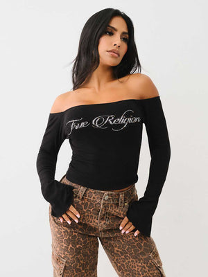 True Religion Crew Off The Shoulder Rib Top Jet Black-True Religion