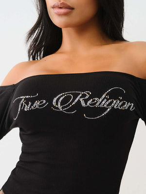 True Religion Crew Off The Shoulder Rib Top Jet Black-True Religion