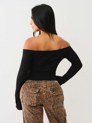 True Religion Crew Off The Shoulder Rib Top Jet Black-True Religion