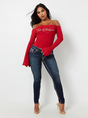 True Religion Crew Off The Shoulder Rib Top Apple Red-True Religion