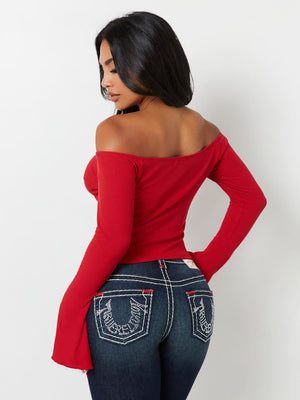 True Religion Crew Off The Shoulder Rib Top Apple Red-True Religion