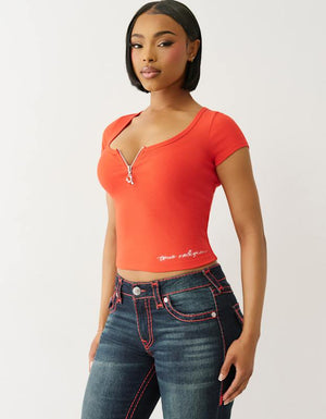 True Religion Half Zip Cap Sleeve Rib Top Flame Scarlet