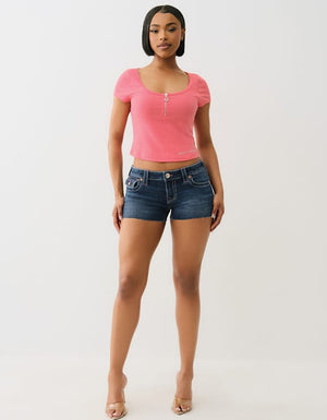 True Religion Half Zip Cap Sleeve Rib Top Sunkist Coral