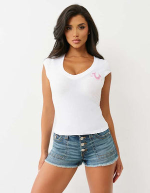 True Religion Crystal Low Plunge Ss Tee Optic White
