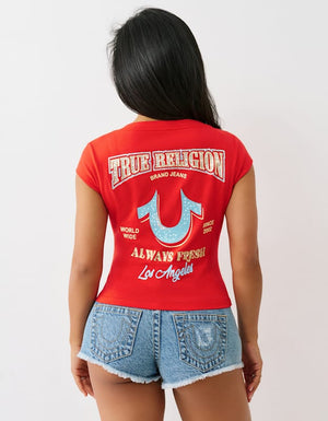 True Religion Crystal Low Plunge Ss Tee Flame Scarlet