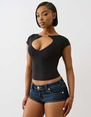 True Religion Tr Plated Keyhole Cap Slvs Top Jet Black