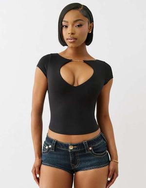 True Religion Tr Plated Keyhole Cap Slvs Top Jet Black