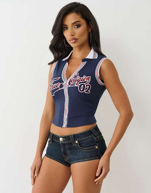 True Religion Sporty Terry Polo Top Dress Blue