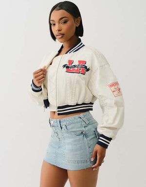 True Religion Varsity Bomber Jacket Winter White