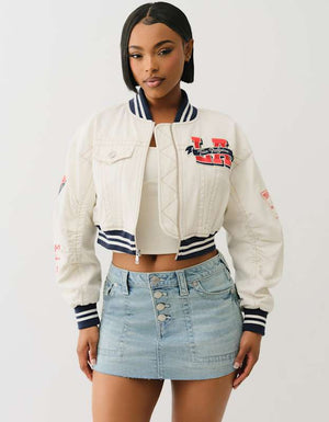True Religion Varsity Bomber Jacket Winter White