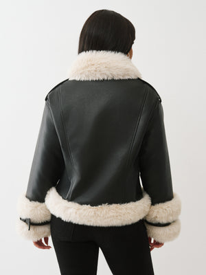 True Religion Faux Leather Jacket With Fur Jet Black