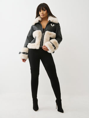 True Religion Faux Leather Jacket With Fur Jet Black