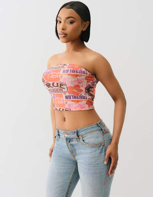 True Religion Printed Mesh Tube Top Patch Multi