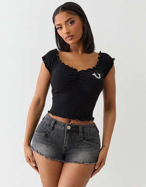 True Religion Lettuce Hem Off Shoulder Top Jet Black