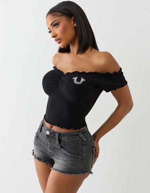 True Religion Lettuce Hem Off Shoulder Top Jet Black