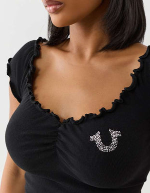 True Religion Lettuce Hem Off Shoulder Top Jet Black