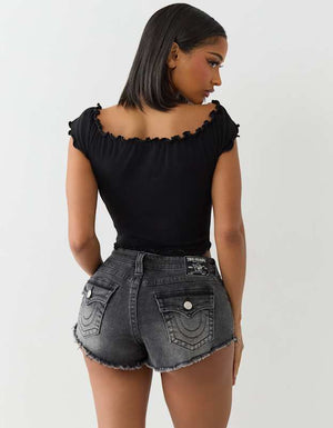 True Religion Lettuce Hem Off Shoulder Top Jet Black