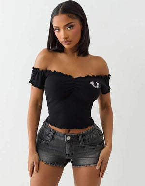 True Religion Lettuce Hem Off Shoulder Top Jet Black