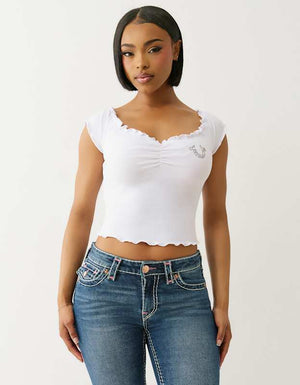 True Religion  Lettuce Hem Off Shoulder Top Optic White