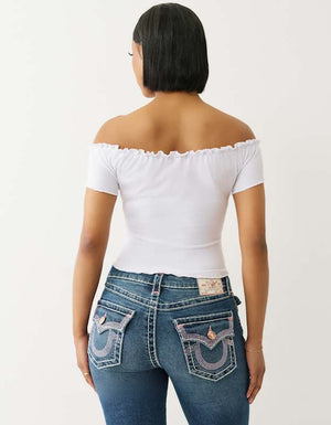 True Religion  Lettuce Hem Off Shoulder Top Optic White