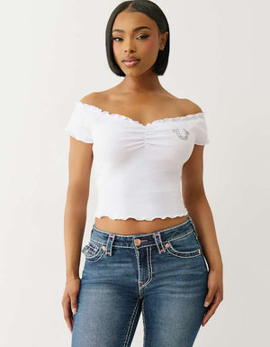 True Religion  Lettuce Hem Off Shoulder Top Optic White