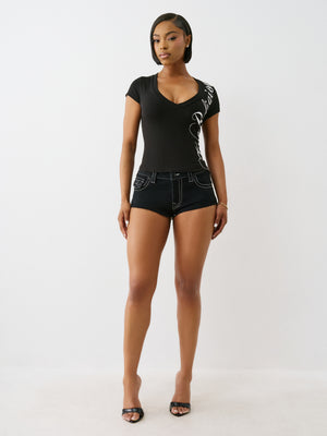 True Religion Rib Cap Sleeve V Neck Top Jet Black-True Religion