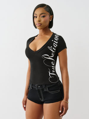 True Religion Rib Cap Sleeve V Neck Top Jet Black-True Religion