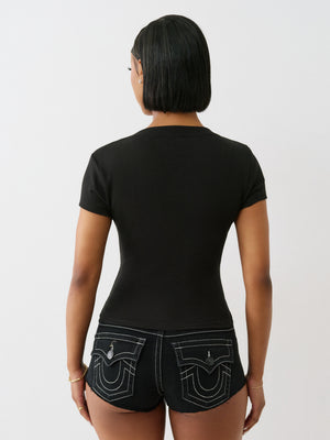 True Religion Rib Cap Sleeve V Neck Top Jet Black-True Religion