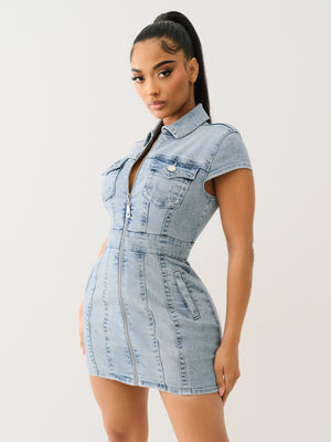True Religion Zip Front Short Sleeve Dress Luminous Night-True Religion