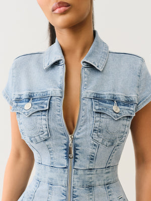 True Religion Zip Front Short Sleeve Dress Luminous Night-True Religion