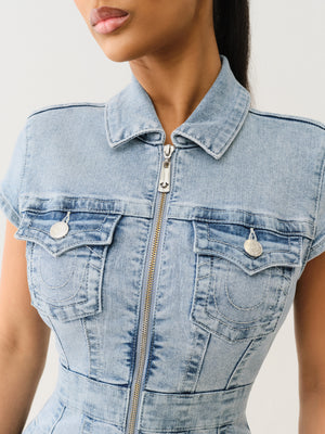 True Religion Zip Front Short Sleeve Dress Luminous Night-True Religion