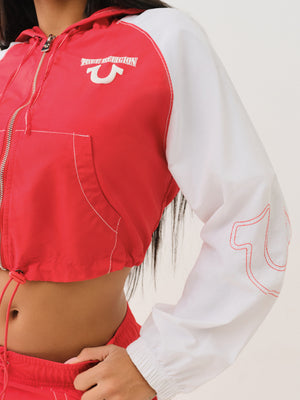 True Religion Big T Nylon Shrunkn Zip Hoodie Flame Scarlet-Optic White-True Religion