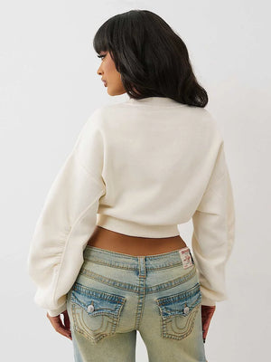 True Religion Sweater Crystl Leopard Ruched Slvs Winter White