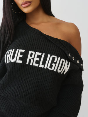 True Religion Sweater Logo Off Shoulder Jet Black