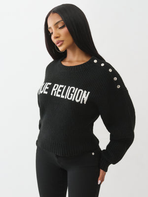 True Religion Sweater Logo Off Shoulder Jet Black